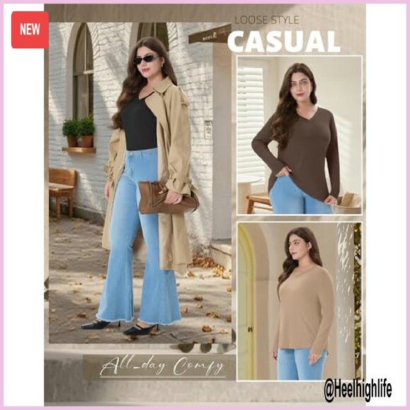 Plus Size Long Sleeve V-Neck Tunic Tops 4 Pack Loose Fit Fall Clothes - Picture 7 of 7